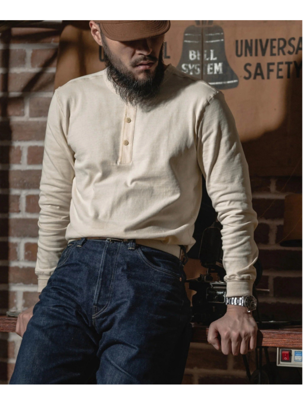 100% Cotton 14 oz Side Closing VINTAGE Henley Shirt Apricot Bronson Long Sleeve